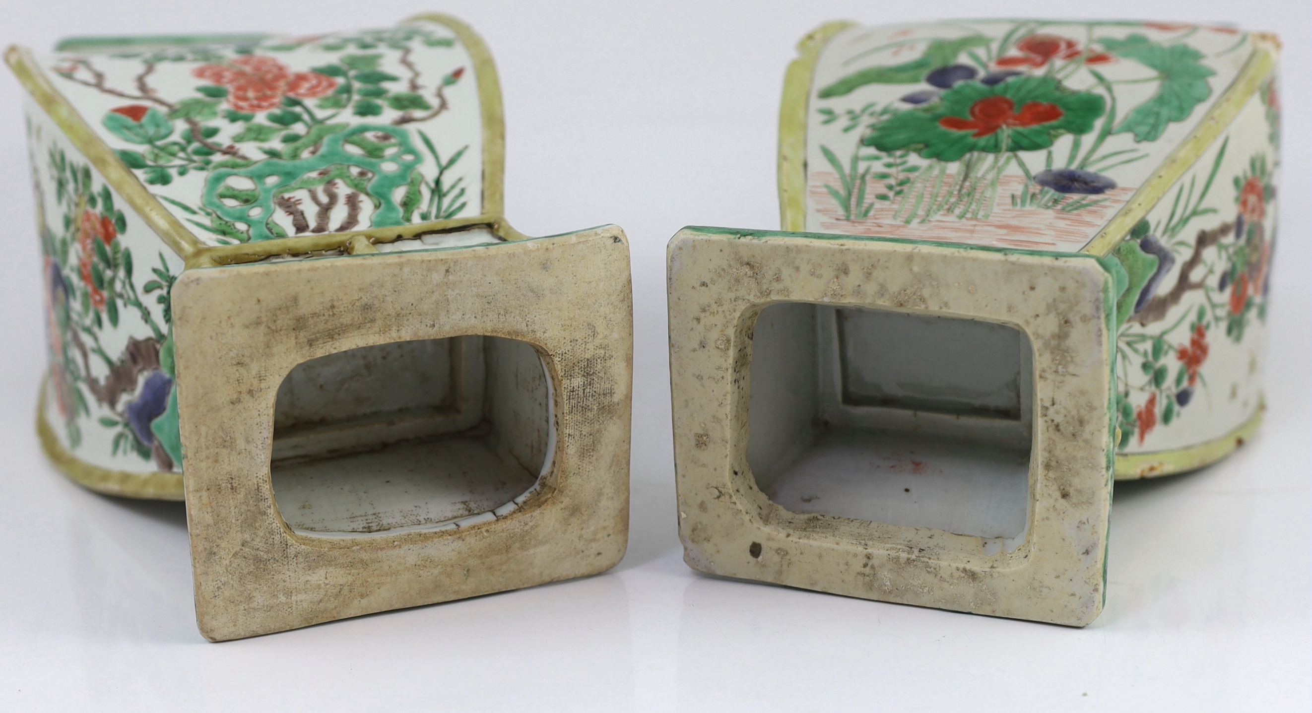 A pair of Chinese famille verte vases, fanghu, Kangxi period, losses and restorations